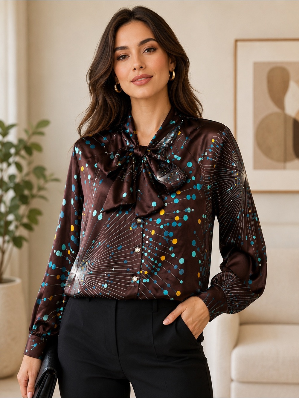 BURU Peplum big bow Browm blouse size Large